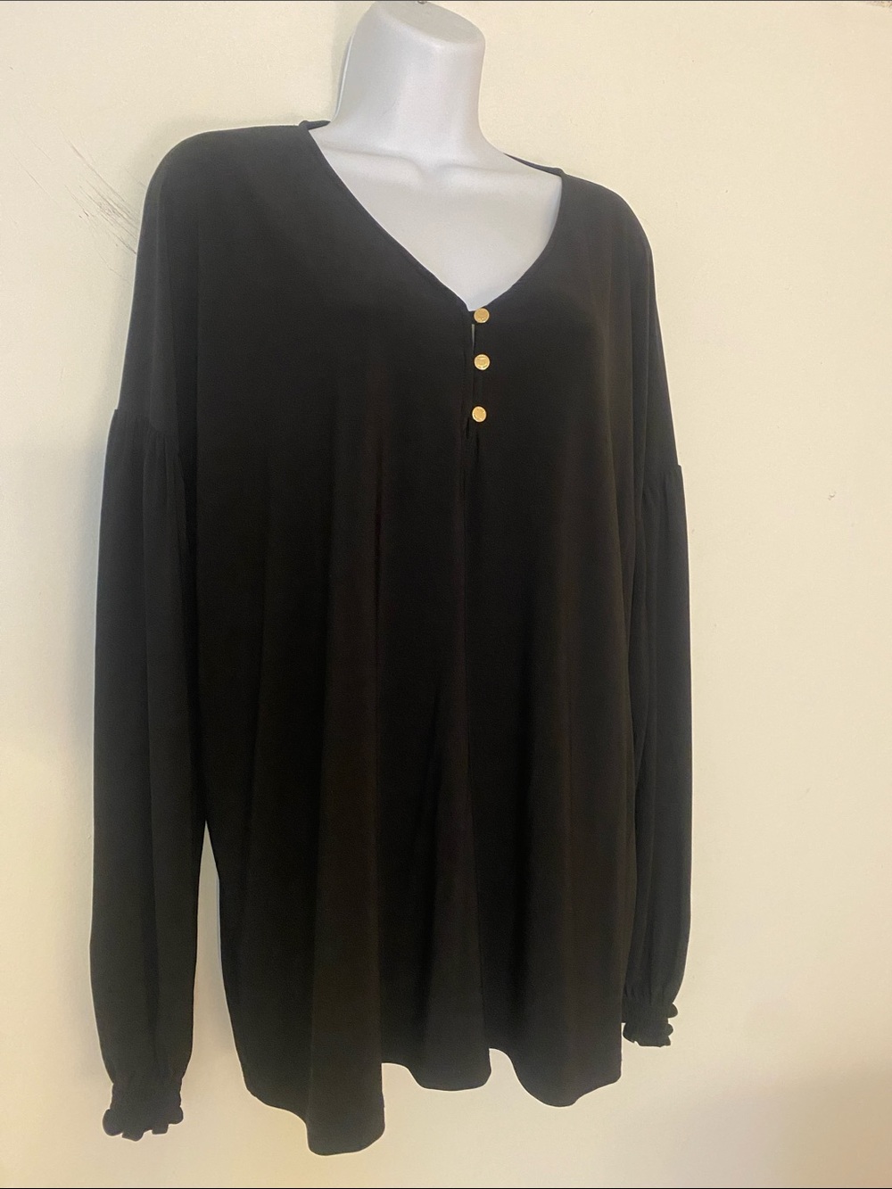 Anne Klein Black V-Neck Long-Sleeve Tunic with Gold Buttons